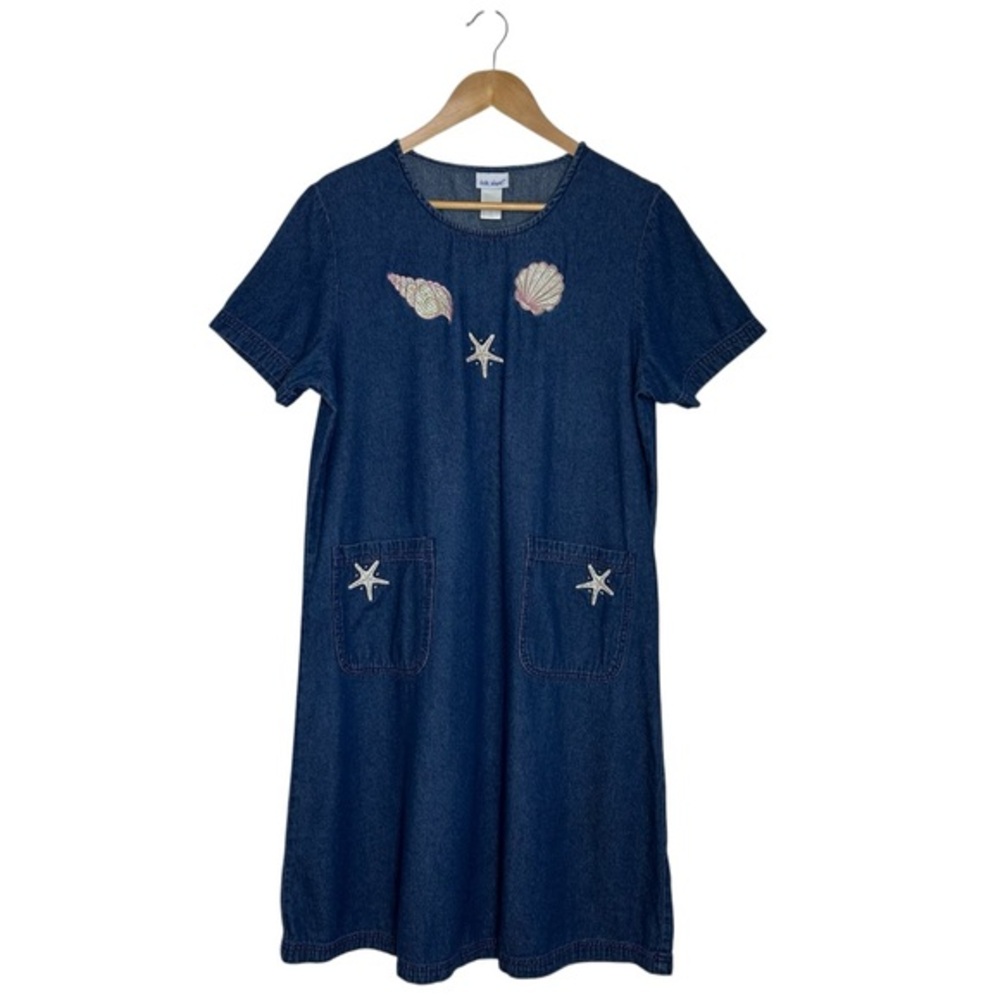 Vicky Wayne VTG Cotton Blue Embroider Seashell Starfish Denim Midi Shift Dress M